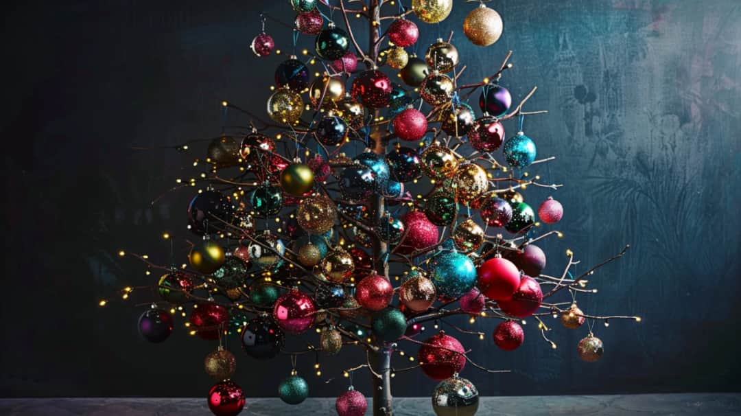 Oryginalne dekoracje: choinka z bombkami w różnych kolorach